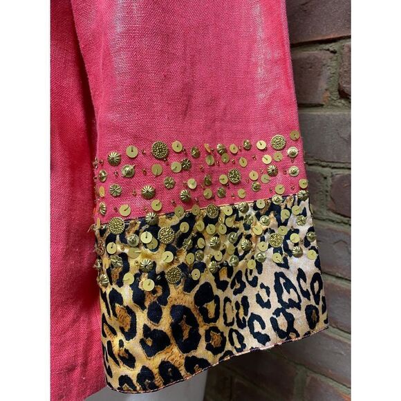 Berek Coral & Gold Shimmer Linen Leopard Jeweled Jacket Size Medium - Picture 3 of 6